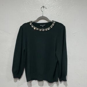 Adrianna Papell Dark Green Jeweled Crewneck Sweater